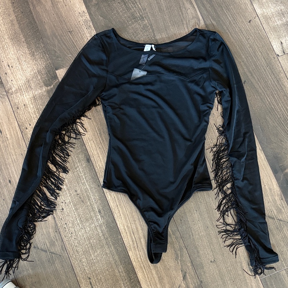 Urban Outfitters Black Long Sleeve Fringe Bodysuit